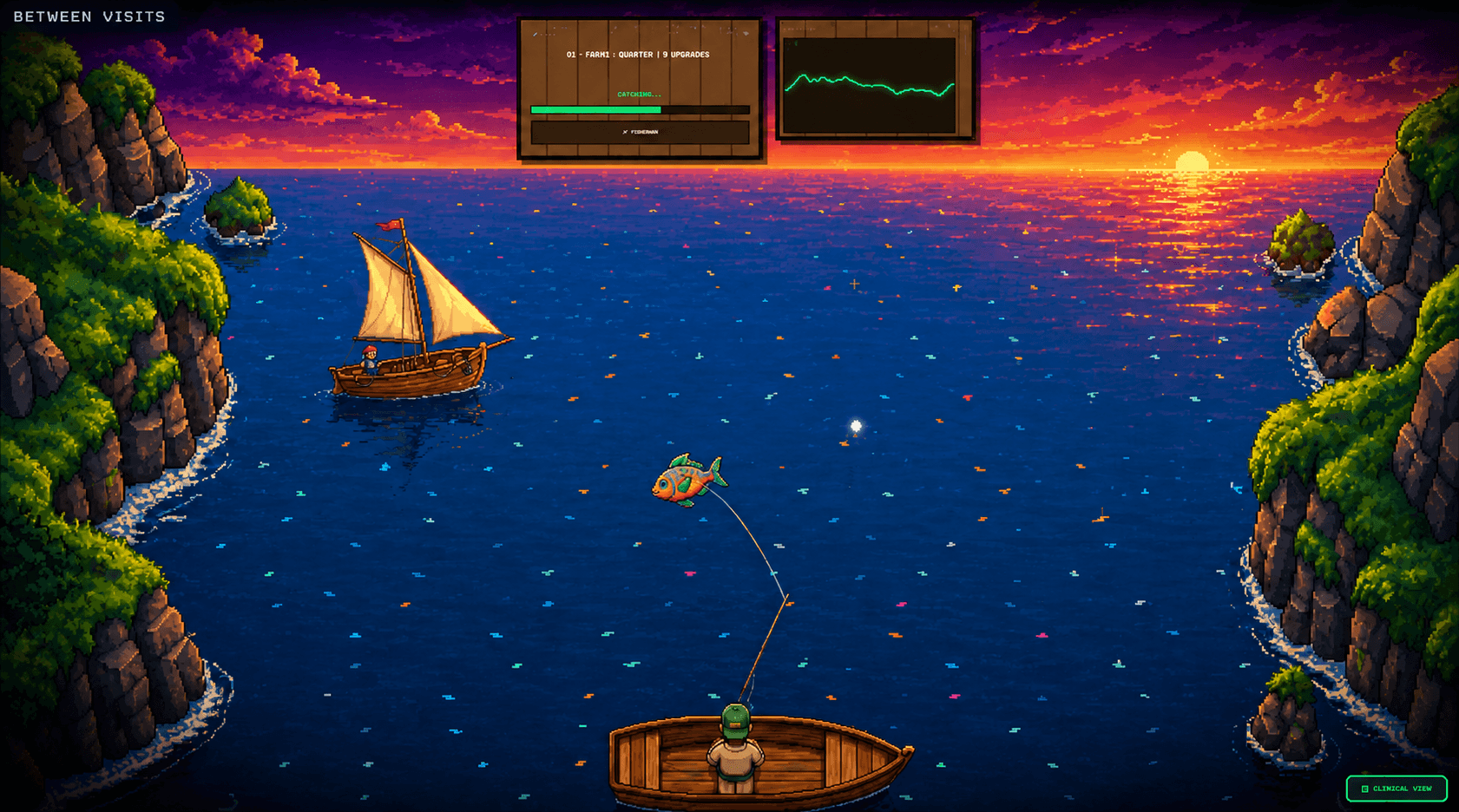 FixedGap fishing game with real-time hand tracking and clinical metrics overlay